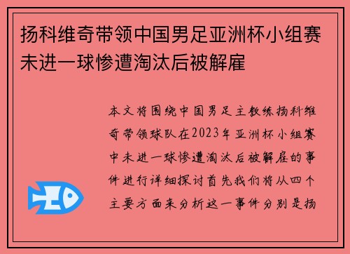 扬科维奇带领中国男足亚洲杯小组赛未进一球惨遭淘汰后被解雇 扬科维奇带领中国男足亚洲杯小组赛未进一球惨遭淘汰后被解雇